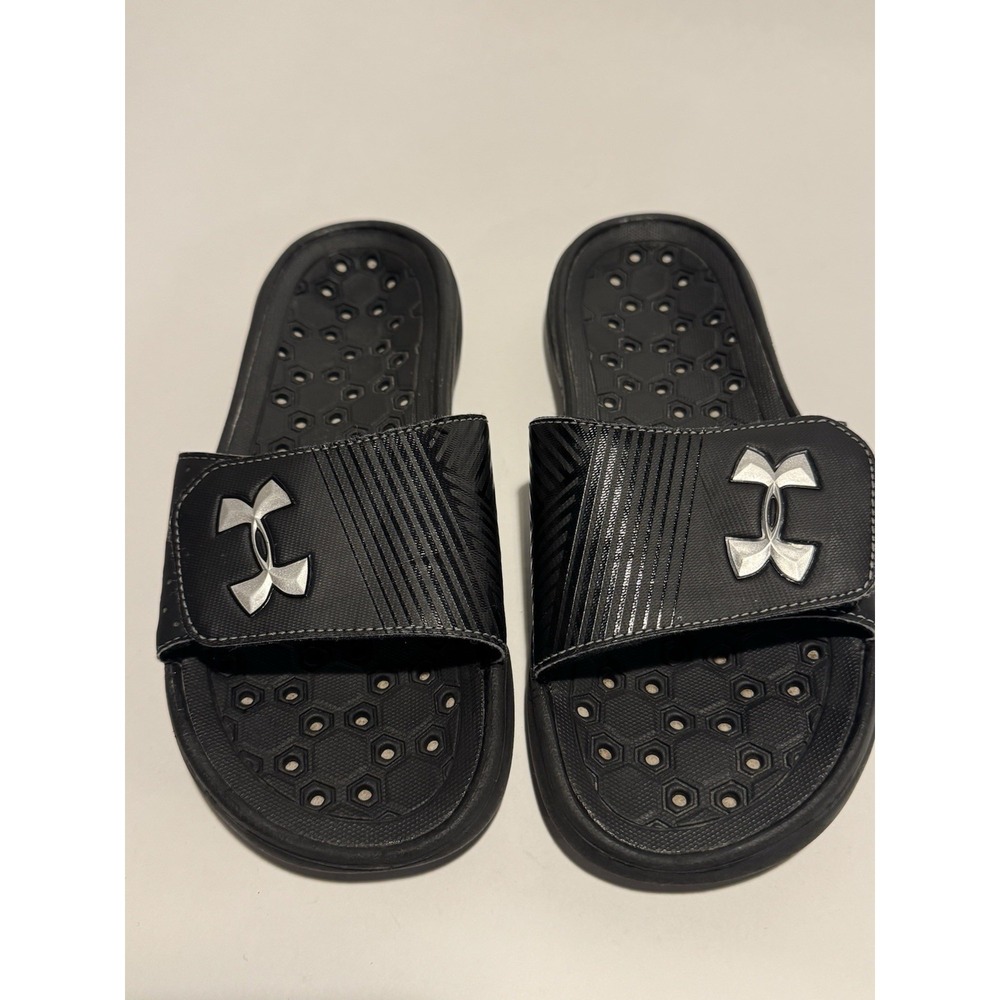 Under Armour Women's Slides Sandals Adjust Closure Black With Silver Logo Size 7
